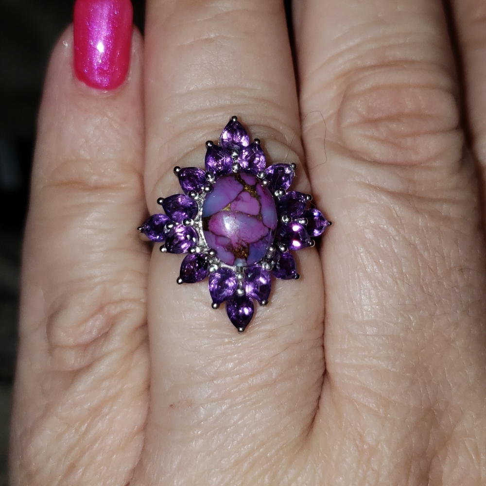 Sz 8, Purple Turquoise & Amethyst Ring, 925 Silver, NWT